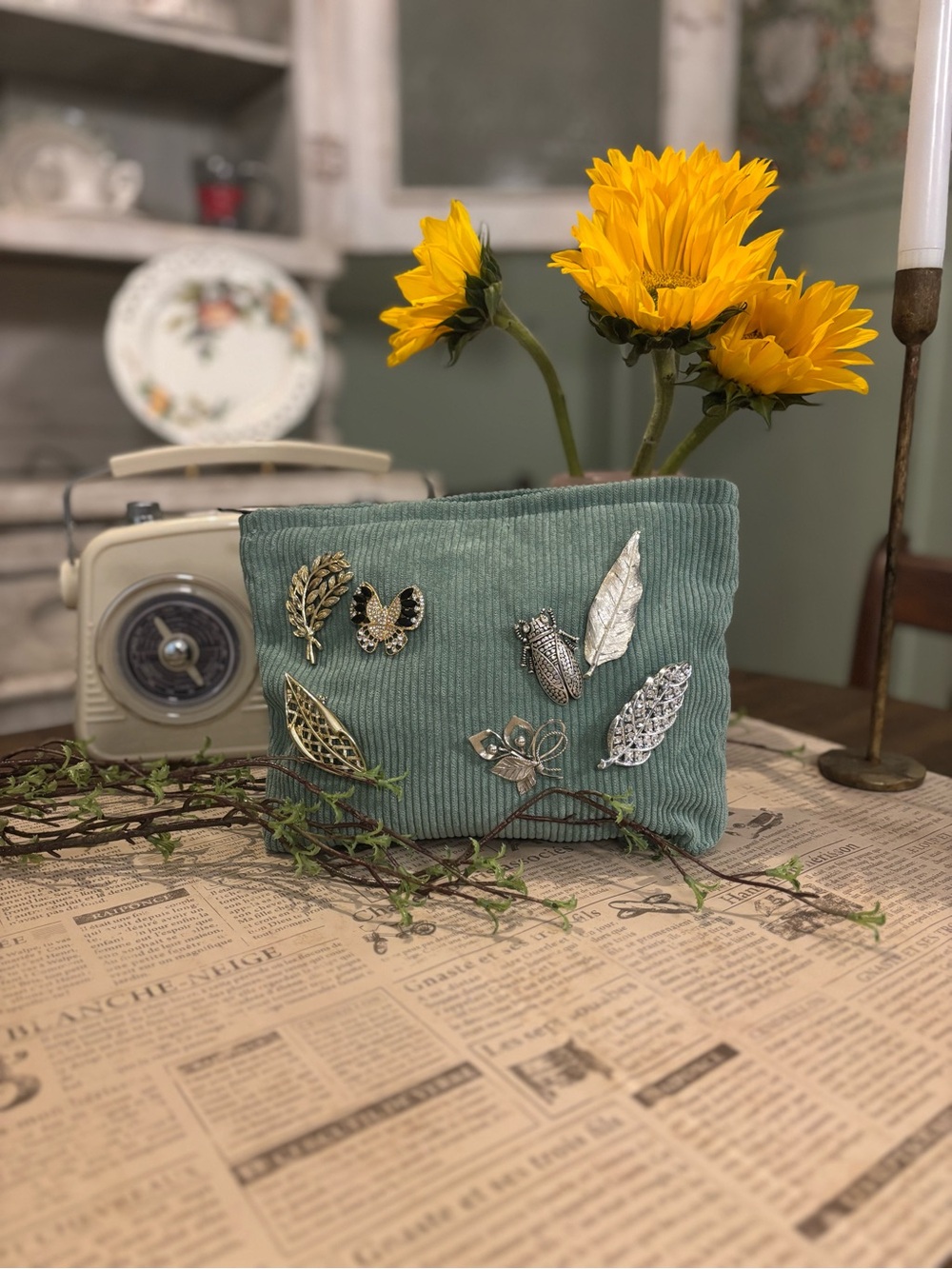 Corduroy Pouch with Gold & Silver Brooch Accents - Sage Green - Picture 3 of 4